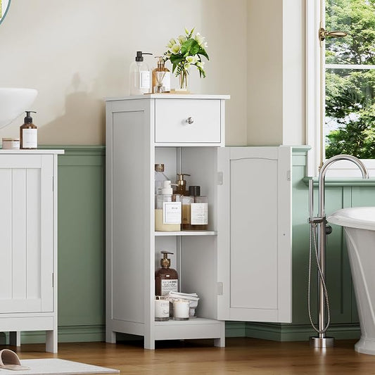 Iwell Bathroom Floor Cabinet, Small Bathroom Storage Cabinet with Drawer & Storage Shelf, Free-Standing Organizer Cabinets for Hallway/Living Room, White