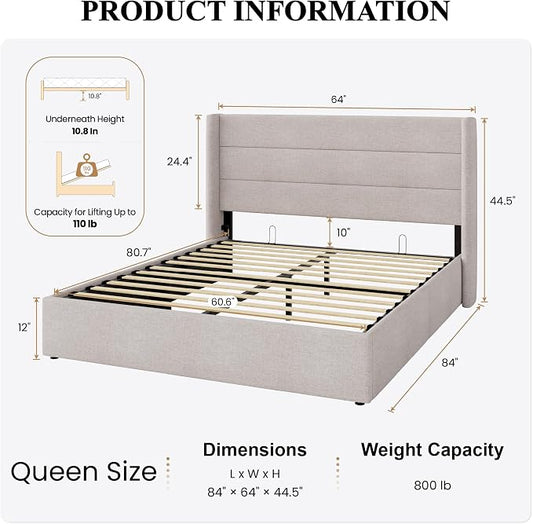 SHA CERLIN Queen Size Lift Up Storage Bed/Modern Wingback Headboard/Upholstered Platform Bed Frame/Hydraulic Storage/No Box Spring Needed/Wood Slats Support/Light Beige