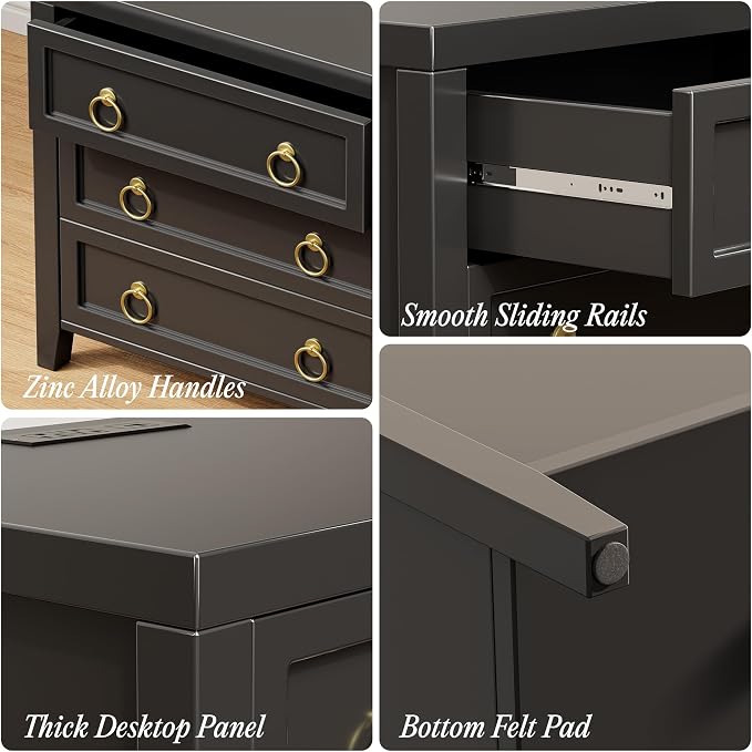 Huuger 23.6 Inch Night Stand with Charger Station and USB-C Port, 3 Drawer Nightstands Set of 2, Larger Wider Bedside Table, Modern End Table, for Bedroom, Black Nightstand