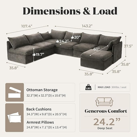 Cloud Modular Hosting Sectional, Oversized Deep Seat Comfort, Luxe Chenille | Fully Removable Washable Covers, Memory Foam Seat Cushions, Storage Ottoman, Premium Fabric