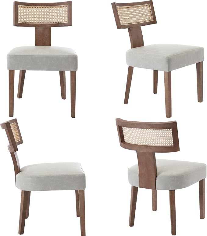 RIVOVA Upholstered Dining Chairs Set of 6 with Rattan Back, Modern Wooden Kitchen Chairs PU Leather Side Dining Room Chair Farmhouse Dinner Chair, Grey