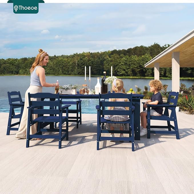 THOEOE 7 Piece Outdoor Dining Set, Patio Dining Table and 6 Chairs, All-Aluminum Frame, All-Weather HDPE Outdoor Furniture with Umbrella Hole for Garden, Lawn, Poolside, Navy Blue