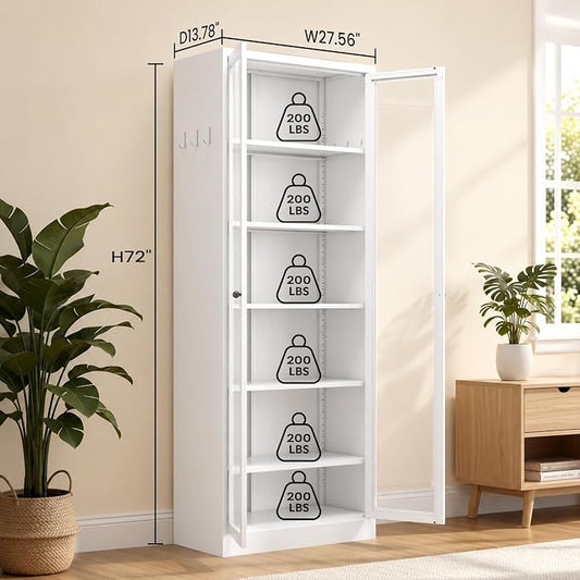 Metal Pantry Cabinet, 72" Kitchen Pantry Cabinet with 2 Doors and 5 Adjustable Shelves, White Steel Storage Cupboard for Dining, Office, Living Room, Bathroom