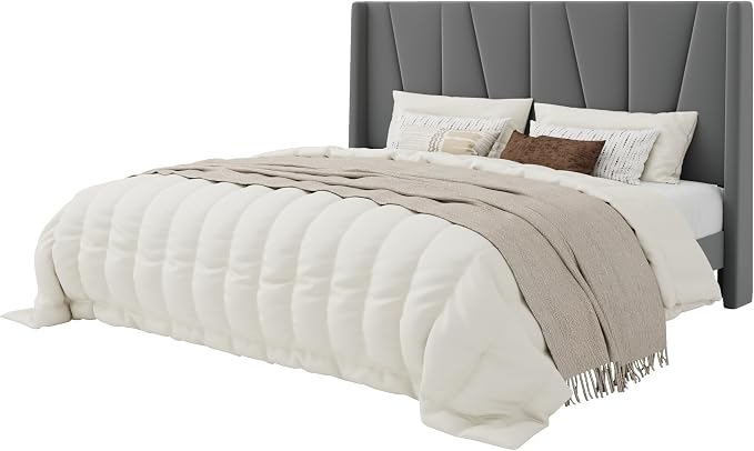 SHA CERLIN King Size Velvet Bed Frame with Geometric Wingback Headboard, Upholstered Platform Bed with Wooden Slats Support, 8" Under-Bed Space, No Box Spring Needed, Easy Assembly Light Grey