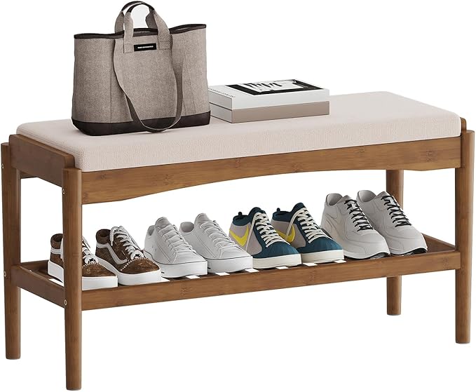 STDDRE Shoe Bench Entryway Bamboo 2-Tier Shoe Rack with Cushion Padded Seat Shoe Bench Organizer Stable for Entry, Hallway, Living Room, Bedroom, Closet (31.5 * 11.4 * 16.5IN, Brown-Beige)