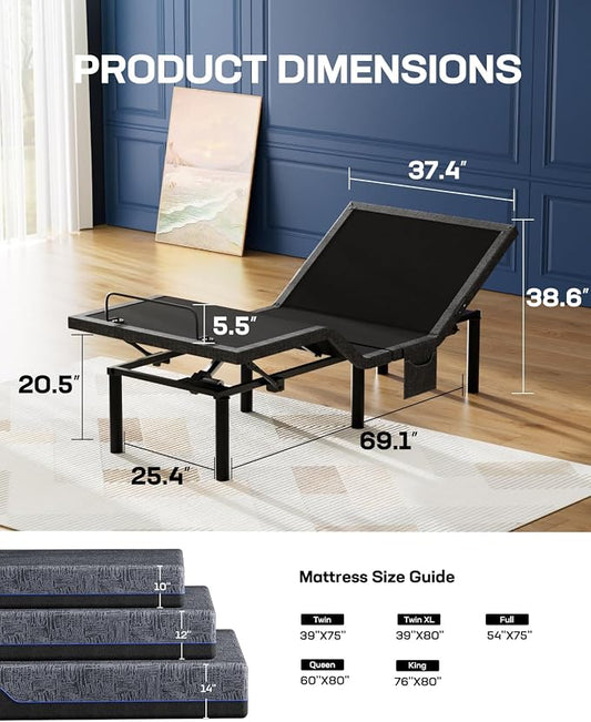 Marsail NS1 Twin XL Adjustable Bed Base with Massage- Smart Dual Motor Bed Frame with Wireless Remote, 3-Min Assembly, Zero Gravity, Under Bed Lighting, 4 USB Ports