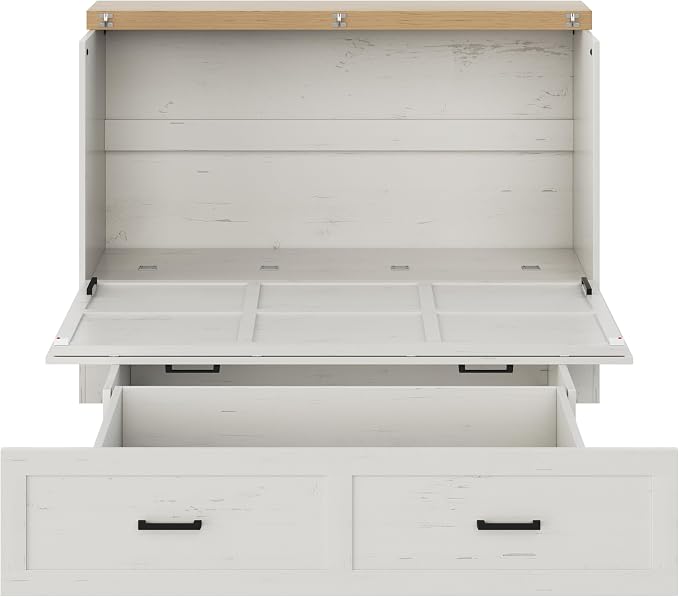Bellemave Queen Size Murphy Bed, Cabinet Bed with Charging Station and Storage, Farmhouse Murphy Cabinet with Foldable Panel, Noisy Free, for Guest Bedroom, Living Room, Office, White