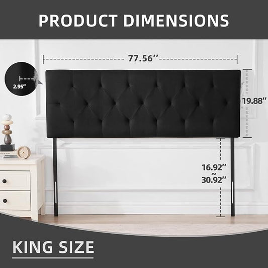 Linen Headboard King Size, Adjustable Height Headboard 37-51 in, Black | Diamond Tufting Solid Wood King Headboards, Durable Metal Legs, Upholstered King Head Board for Bed Frame, Modern Fabric