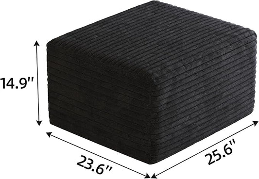 JINGLING 25.6 Inch Plush Corduroy Ottoman, Modular Sectional Foot Rest for Living Room, Upholstered Cloud Ottoman for Boneless Couch in a Box, Compressed Memory Foam, No Assembly Require, Black