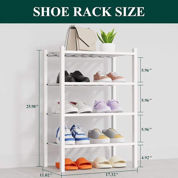 Smiry Small Bamboo Shoe Rack, 4 Tier Free Standing Wooden Shoe Organizer, Stackable Wood Shoe Storage Shelf for Closet, Entryway, 14 Vertical Slats, 2+2 Stack Heavy-Duty Legs, 17.3"x11"x26", White