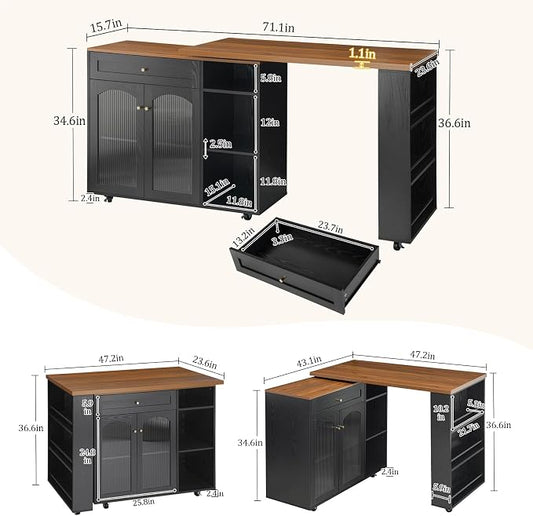LYNCOHOME 71.1" Rolling Kitchen Island with 360° Rotating Tabletop, Mobile Lockable Wheels & Adjustable Shelves, Multifunctional Storage Cart for Kitchen & Dining(Black)