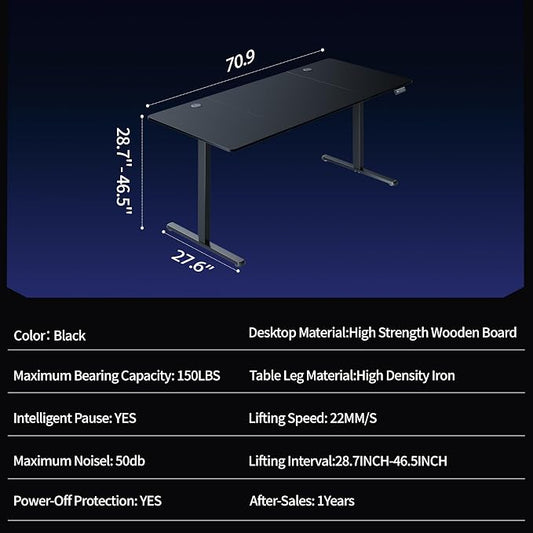 Shintenchi Standing Desk, 71x31 Inch Height Adjustable Electric Sit Stand up Desk, Ergonomic Rising Computer Table, Modern Lift Gaming Desk Workstation for Home Office, Black