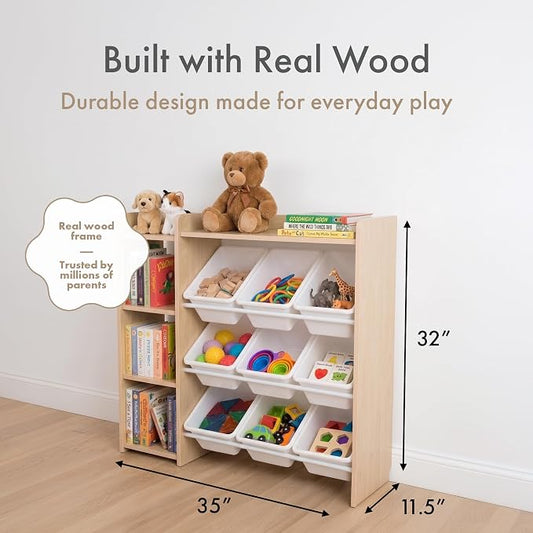 Humble Crew Toy Storage Organizer with Bookshelf, 9 Removable Storage Bins for Kids Playroom, Toy Organization and Storage, Solid Wood, Natural/White