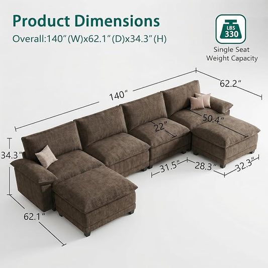 Modern U Shaped Sofa Couches for Living Room, Modular Sectional Cloud Couch with Movable Ottoman, Comfy Chenille Sofa for Apartment and Small Space, Taupe