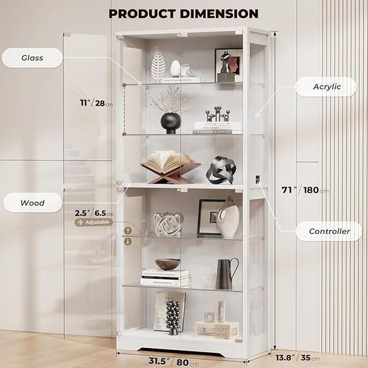 BROTTAR 6-Tier 71" Display Cabinet with Glass Door, Curio Cabinet with 3 Color Lights for Collectibles, Display Case with Adjustable Glass Shelves, Human Body Sensor, Storage Cabinets, White