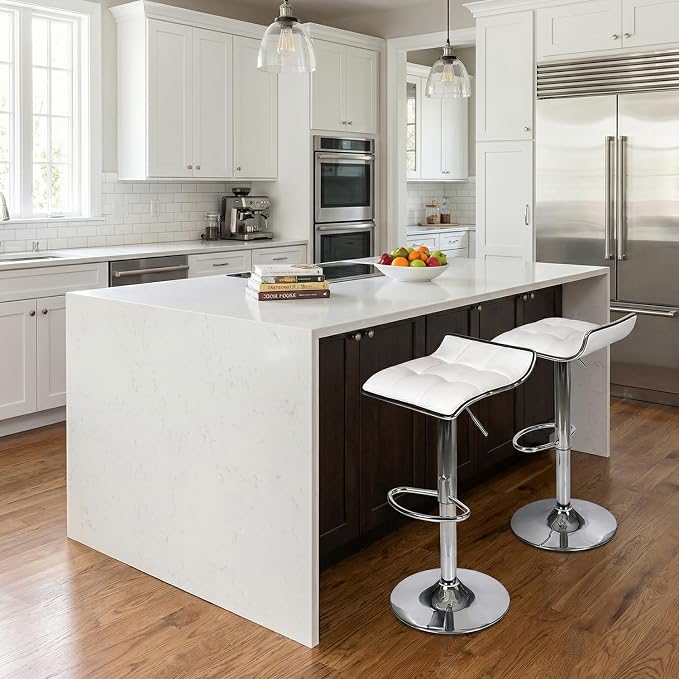 Set of 2 Barstool, Adjustable Swivel Gas Lift Bar Stools, PU Leather with Chrome Base, White