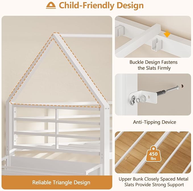 DICTAC Twin Over Twin Low Bunk Bed with Desk and Drawers, White | Metal House Shaped Low Bunk Bed, 2 Storage Drawers, Bookshelf and Side Pocket, Floor Bunk Bed with 13.4''H Safety Guardrail