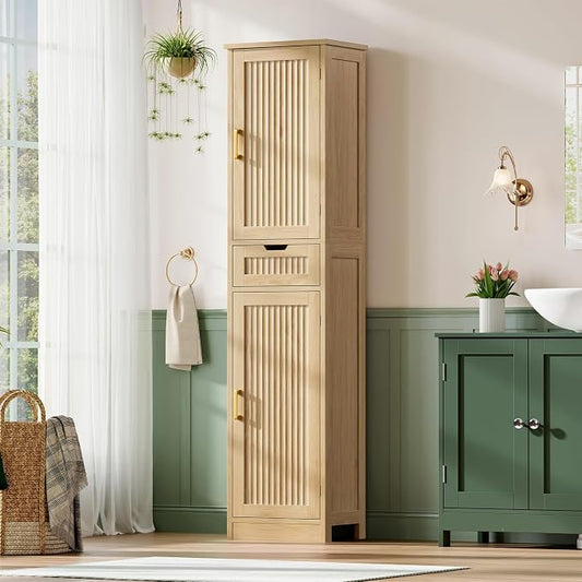 Iwell Tall Narrow Storage Cabinet with 1 Drawer and 2 Doors, Fluted Cabinet with Adjustable Shelves, Rattan Kitchen Cabinet for Bathroom, Living Room, Kitchen, Natural Oak