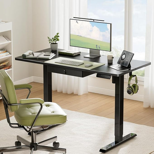 Marsail 48x24 Electric Standing Desk with Drawer, Computer Desk, Sit Stand Office Table with Storage & Hooks & Cable Management, Ergonomic Height Adjustable Table for Home Office, Black