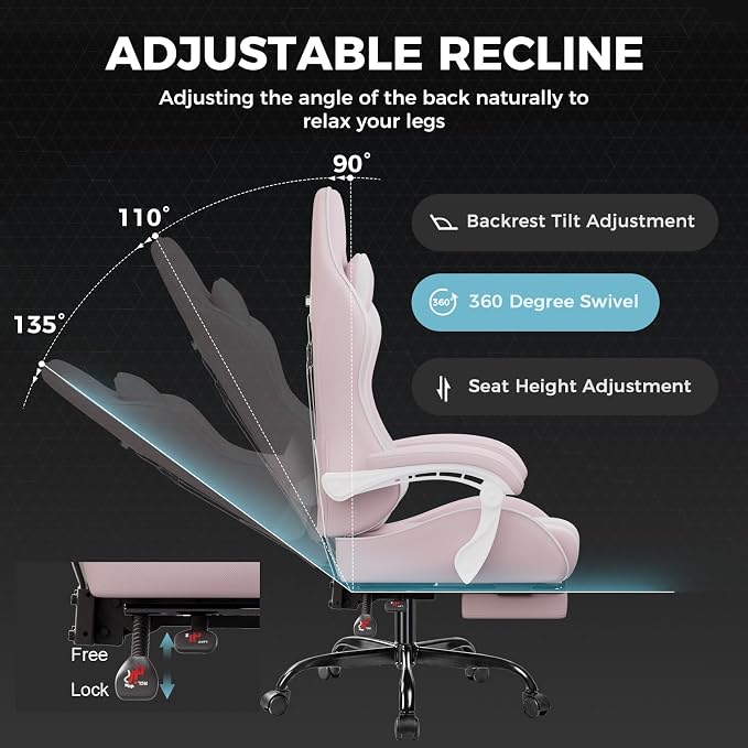 GTPLAYER Gaming Chair with Footrest, Computer Chair with and Lumbar Support, Height Adjustable Game Chair with 360°-Swivel Seat and Headrest and for Office or Gaming (Pink-Fabric)