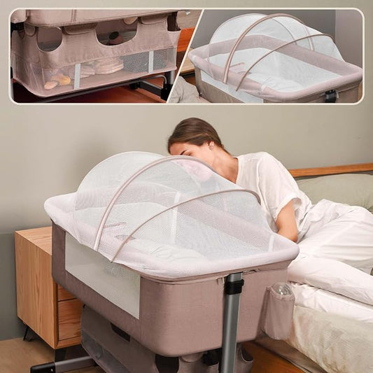 Soobaby Baby Crib,3 in 1 Bedside Crib Adjustable Portable Bed for Infant,Bassinet Baby Newborn Must Have Bed, Khaki