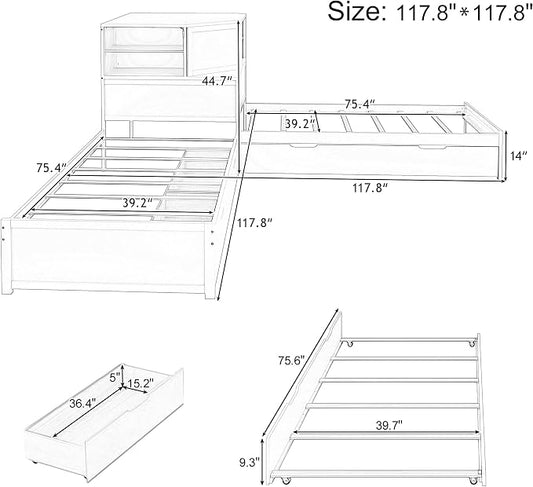 Merax L-Shaped Combination Twin Bed Frame with Trundle,Drawer,Built-in Desk and Led Downlight,3-in-1 Design for Bedroom