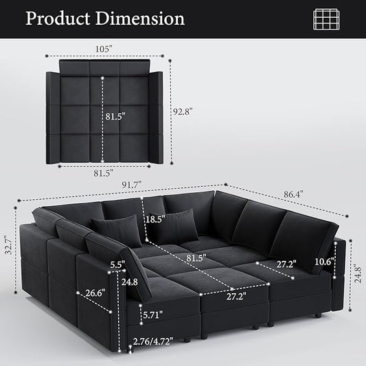 Vesgantti Modular Sectional Sofa Bed with Storage, 92" Sleeper Sofas with 9 Seats Storage Chaises Removable Cover, Luxury Large Velvet Sectional Couch for Living Room, Apartment, Home Theater, Black
