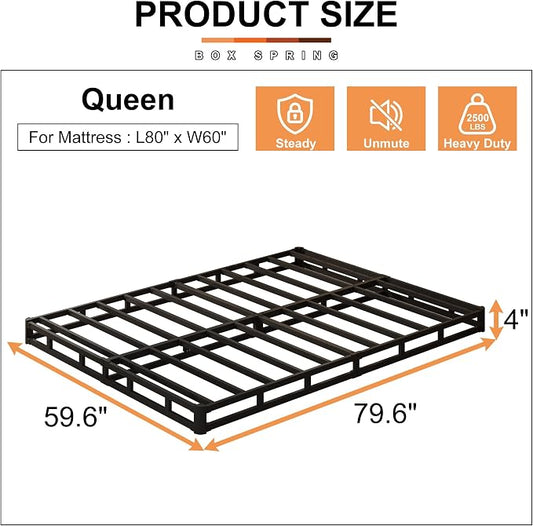 EMODA 4 Inch Box Spring for Queen Bed, 3000 LBS Heavy Duty Metal Mattress Foundation Bed Bas with Fabric Cover, Easy Assembly