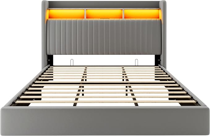 Allewie King Size Lift Up Hydraulic Storage Bed Frame, 2-Tier Shelf Headboard with LED Lights and Charging Station, USB and Type C Ports, Wingback Velvet Headboard, No Box Spring Needed, Gray