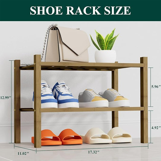Smiry Small Bamboo Shoe Rack, 2 Tier Free Standing Wooden Shoe Organizer, Stackable Wood Shoe Storage Shelf for Closet, Entryway, 14 Vertical Slats, One-piece Heavy-Duty Legs, 17.3"x11"x13", Walnut