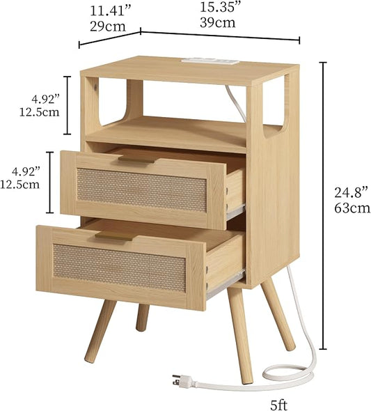 JOONEE Rattan Nightstand with Charging Station,Farmhouse Bedside Table with 2 Storage Drawer and Open Wood Shelf, for Bedroom and Small Spaces,Night Stand with Solid Wood Legs (Yellow Oak-Outlet)