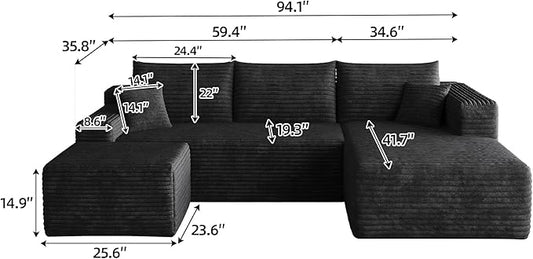 95" Cloud Boneless Sectional Sofa Couch with Chaise Lounge and Ottoman, Modern Corduroy Right Facing Modular Sectional Sofa Compressed Corner Couch with Deep Seat, No Assembly Required