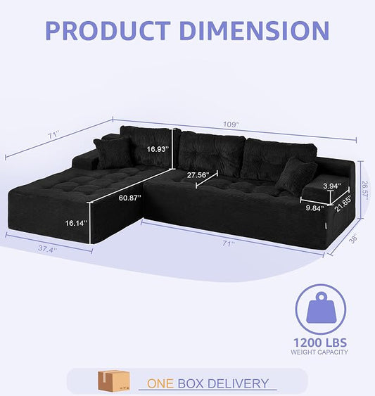 Hobestluk Modular Sectional Sofa Couches L-Shape Couch 3 Seat Modular Sofa Memory Foam Sectional Couches for Living Room, Cloud Couch with Oversized Chaise (Ebony Corduroy, 108", Left Hand Facing)