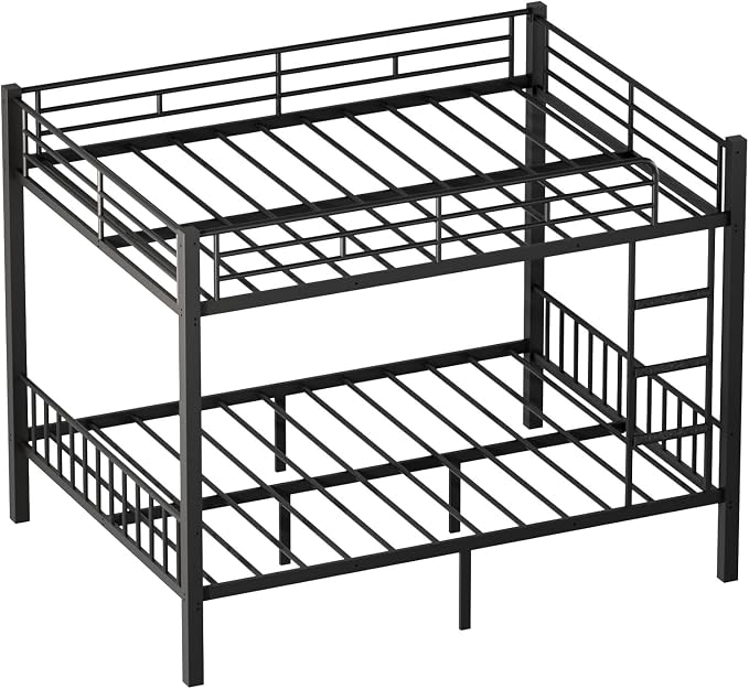 Mixcous Queen Over Queen Bunk Bed, Heavy Duty Metal Queen Bunk Bed Frame with Full-Length Guardrails & EVA Anti-Slip Ladder for Adults, Noise-Free, No Box Spring Needed, Black
