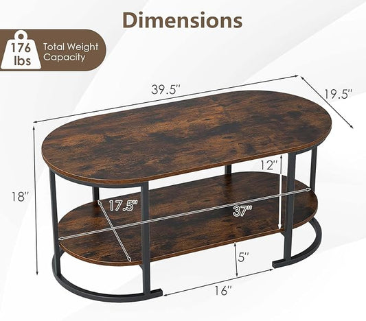 Giantex 2-Tier Coffee Table, Oval Center Table with Wood Grain Top & Open Storage Shelf, Modern Accent Table with Heavy Duty Metal Frame, Cocktail Table for Living Room Reception (Rustic Brown)