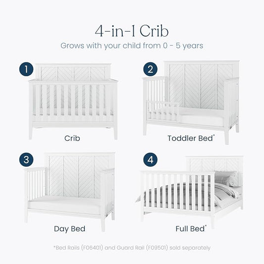 Child Craft Atwood 4-in-1 Convertible Baby Crib, Wooden Nursery Furniture Converts to Daybed, Toddler Bed and Full-Size Bed, 3 Mattress Height Adjustments, Non-Toxic Baby Safe Finish, Matte White | 4-in-1 Crib