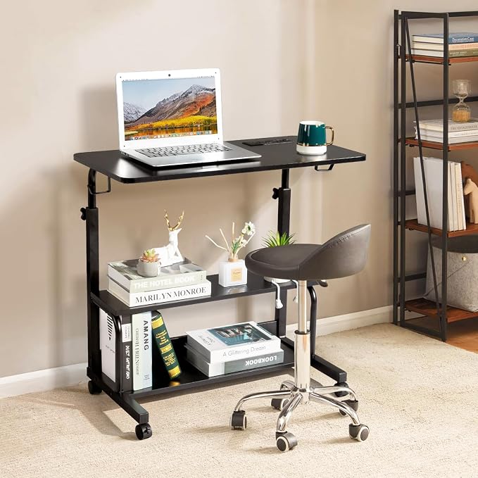 Karl home 31.5" Portable Rolling Desk on Wheels,Height Adjustable Standing Desk with 2 AC Outlets/3 USB Ports,Mobile Laptop Table with Hooks and Storage Shelves for Home Office,Black