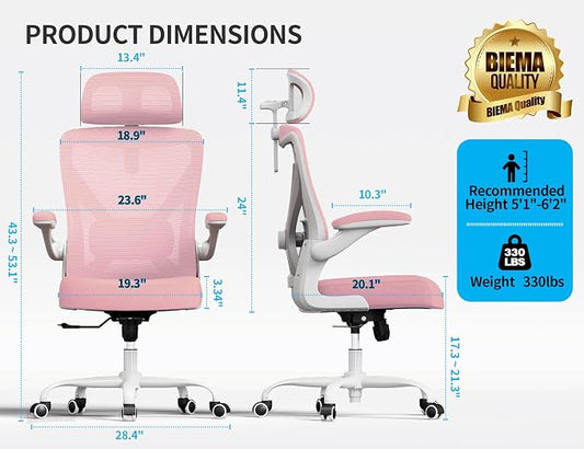 Pink Ergonomic Office Chair: Mesh Desk Chair Comfy with Adjustable Lumbar Support 330lbs High Back Computer Gaming Chair - Big and Tall Office Chairs with Headrest - Adults Home Office
