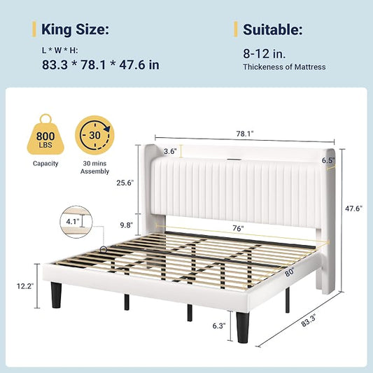 Allewie King Size Platform Bed Frame with USB Charging Station and Storage Shelf/Upholstered Velvet Wingback Headboard/Wooden Slats Support/No Box Spring Needed/Easy Assembly, White