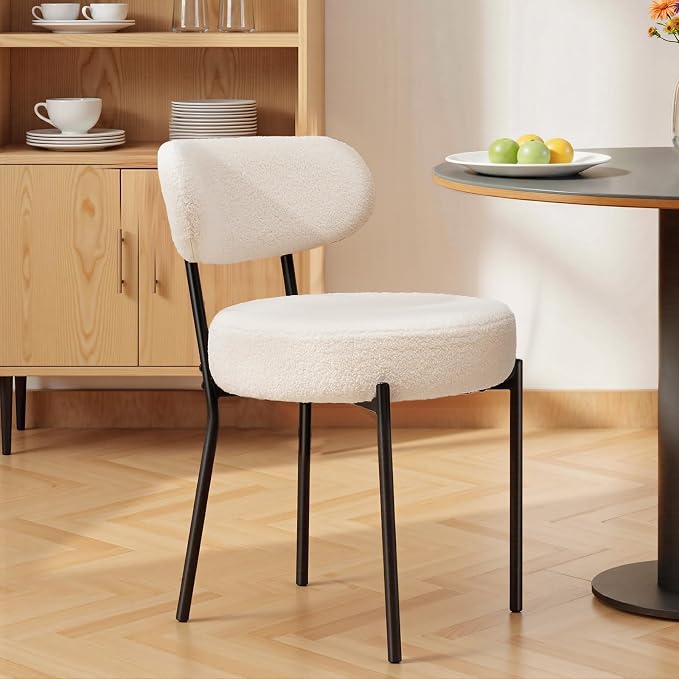 DUMOS Dining Chairs Set of 2, Mid Century Modern Chair Round Upholstered Curved Backrest, Kitchen Vanity Living Room Chairs with Black Metal Legs,Ivory White