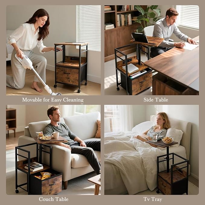 Faesun Swivel Lift Top Nightstand with Charging Station, Rolling Side Table for Recliner, Bedside Table with Wheels & a Fabric Drawer, for Small Spaces, for Bedroom, Living Room, Brown