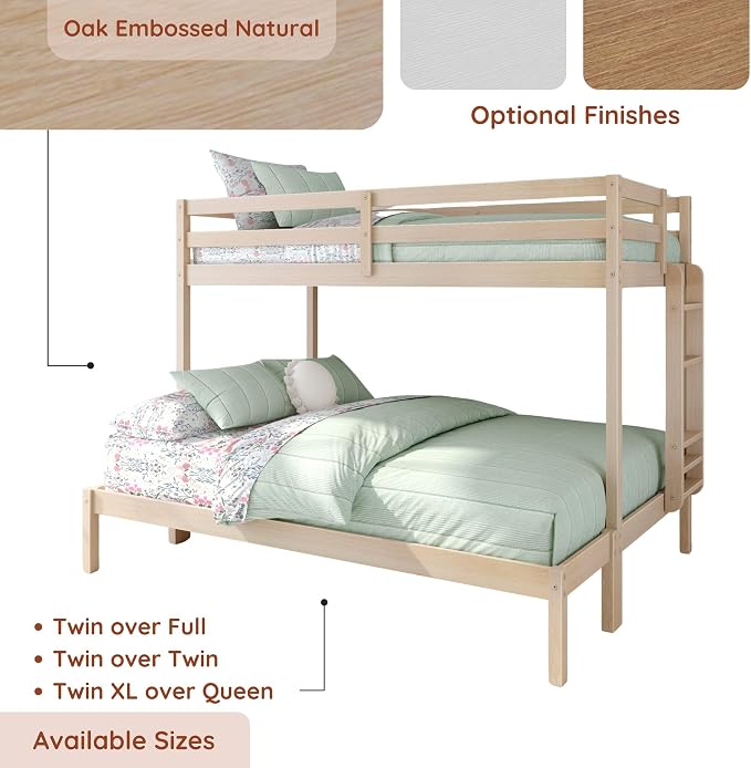 Grain & Grove Bear Twin XL Over Queen Bunk Bed, Sturdy Bunk Bed Frame for Kids, Plywood Bunk with Ladder, Guardrail, and Slats, No Box Spring Required, Oak Embossed Natural