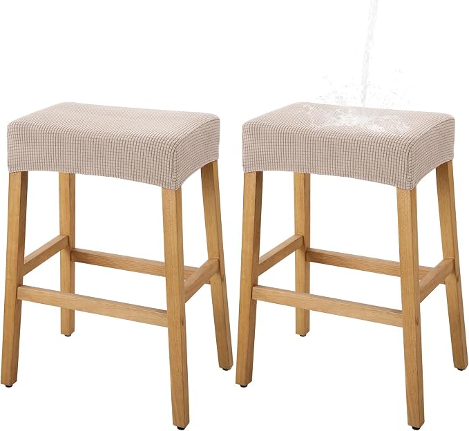 YISUN Stool Covers Rectangle - 2 Pack Stretch Waterproof Saddle Seat Cover Counter Bar Stools Bar Chairs Covers Kitchen Island Chairs Cushion Protector (2, Khaki)