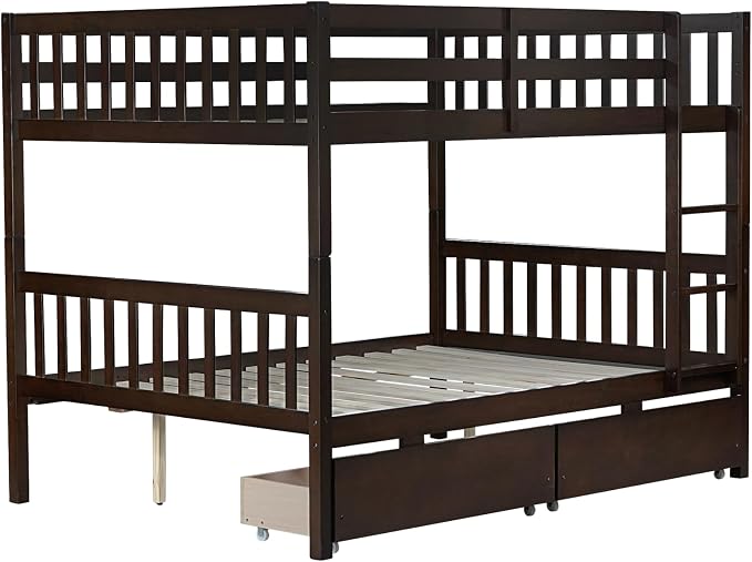 Harper & Bright Designs Full Over Full Bunk Bed with 2 Drawers, Convertible into 2 Beds, Bunk Bed with Ladder and Safety Guardrails, Espresso