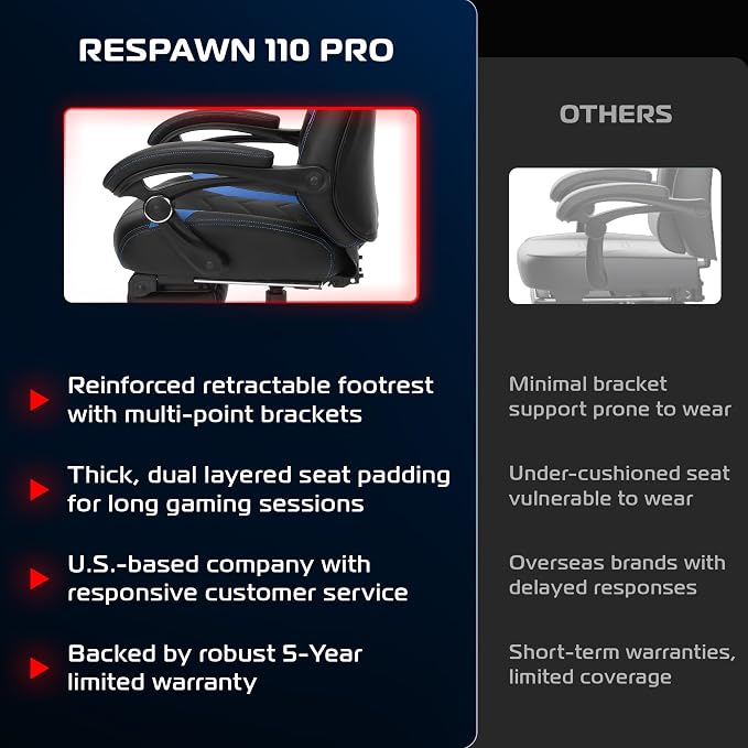 RESPAWN 110 Pro Ergonomic Gaming Chair with Footrest for Adults - Comfortable Office Gaming Recliner with Lumbar Support and Headrest, Racing Style Video Game Chairs for Computer Gamer - Blue