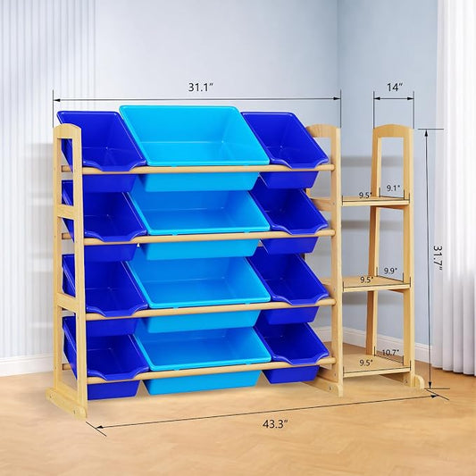 Kids Toy Storage Organizer with Bookshelf – Wooden Shelf with 12 Bins & 3 Shelves, Quick Assembly Storage Rack for Playroom, Bedroom, Nursery– Blue