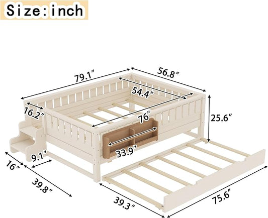 Bellemave Full Kids Montessori Bed with Stairs, Bookshelf and Trundle, Solid Wood Kids Bed Frame with Storage for Boys Girls, Low Profile,Beige