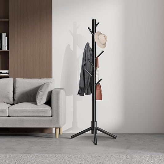 Coat Rack, Coat Racks Freestanding with 8 Hooks 3 Adjustable Heights for Clothes, Hats, Handbags, Coat Tree Easy Assembly for Entryway, Bedroom, Hallway, Office(Black)