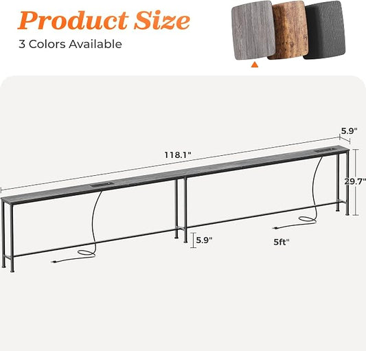 SUPERJARE 118.1 Inch Sofa Table with 2 Power Outlets and USB-C Port, 5.9 Inch Narrow Console Table with Storage, Extra-Long, for Entryway Hallway Couch Behind Sofa, Small Spaces, Charcoal Grey