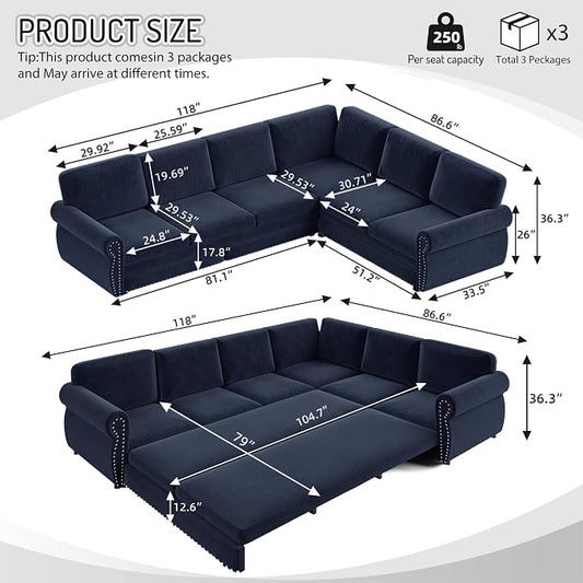118" L-Shaped Sleeper Couch Bed - Oversize Convertible with Pull-Out Sofa Bed, Button Tufted Chesterfield Sofa, Chenille Sectional Vintage Couches for Living Room/Apartment(6-Seater, Blue) | Oversize Convertible